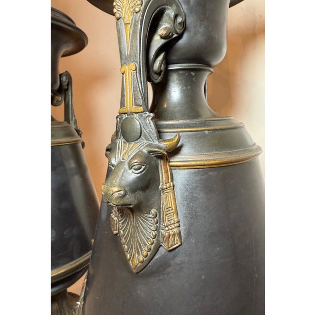 Antique Egyptian Revival Figural Bronze Marble Urn Ewer Table Lamps - a Pair For Sale - Image 4 of 18