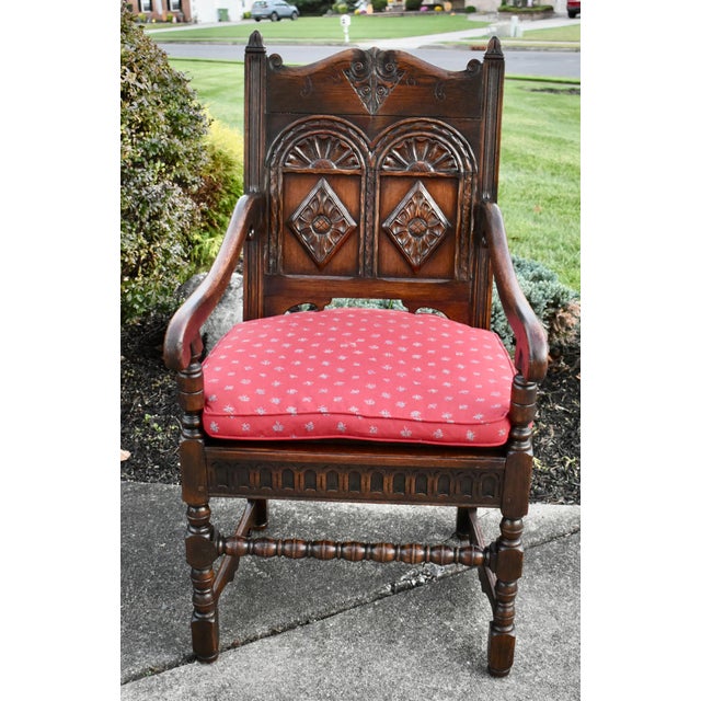 Wood Antique Kittinger Solid Oak Carved Tudor Style Chair W/Pillow For Sale - Image 7 of 13