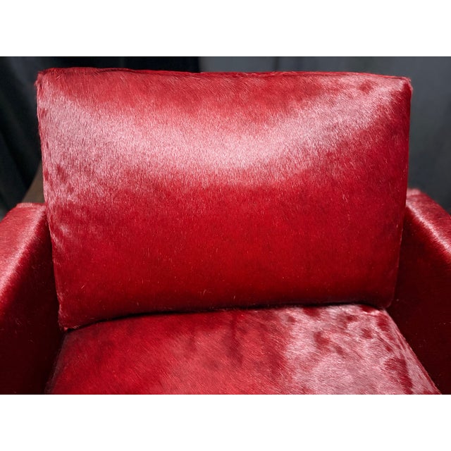 Authentic Holly Hunt Vienna Secession Lounge Chair, Custom Upholstered in Rich Burgundy/Cabernet Mohair and American Black Walnut Exposed Frame For Sale - Image 15 of 17