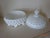 Fenton White Hobnail Milk Glass footed and covered bowl displayed on a hutch buffet to hold matches to light candles on...