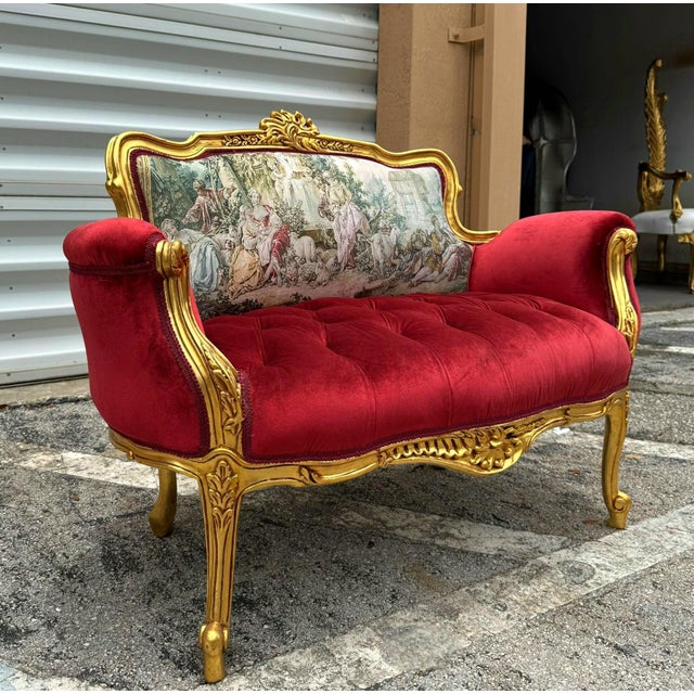 French Marquis French Tufted Settee Red Velvet French Style For Sale - Image 3 of 8