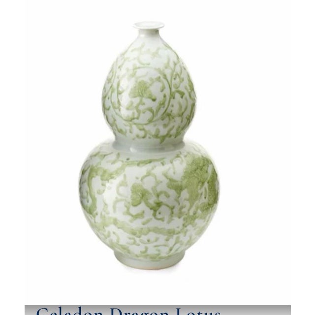 Chinoiserie Large 24" Chinoiserie Celadon Porcelain Dragon & Lotus Double Gourd Floor Vase For Sale - Image 3 of 10