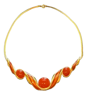 1970s Trifari Signed Necklace, Burnt Orange Lucite Cabochon, Gold Tone