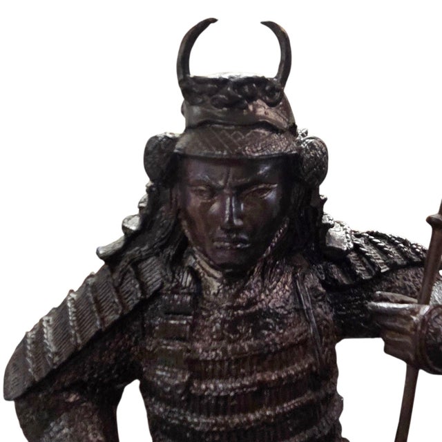 Wood Japanese Samurai Bronze Tone Warrior Sculpture on Custom Wood Base 18" For Sale - Image 7 of 15