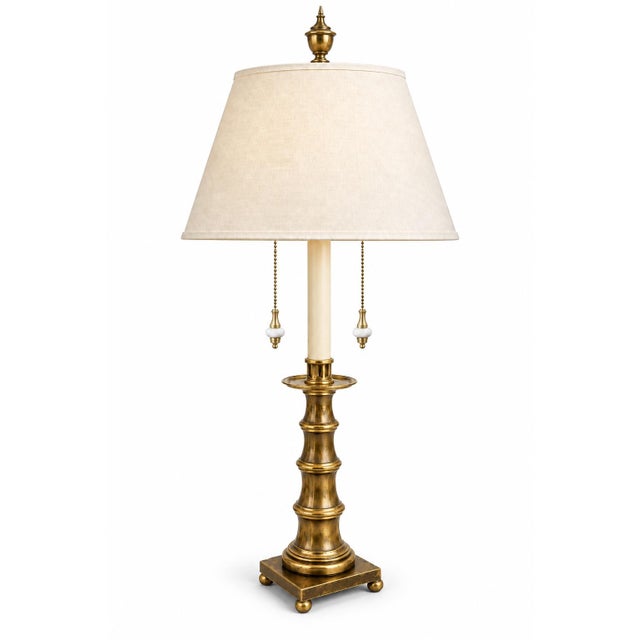 Vintage Monumental Stiffel Neoclassical Brass Dual-Light Table Lamp With Ivory Linen Shade For Sale In Los Angeles - Image 6 of 8