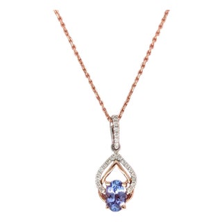 Tanzanite Pendant With Natural Diamonds in Solid 14k Dual Tone Gold Oval 6x4mm For Sale