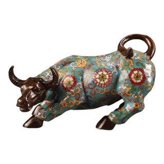 Vintage Cloisonné Enamel Ox Statue With Floral Motif For Sale