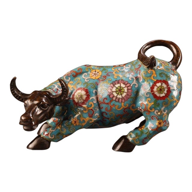 Vintage Cloisonné Enamel Ox Statue With Floral Motif For Sale