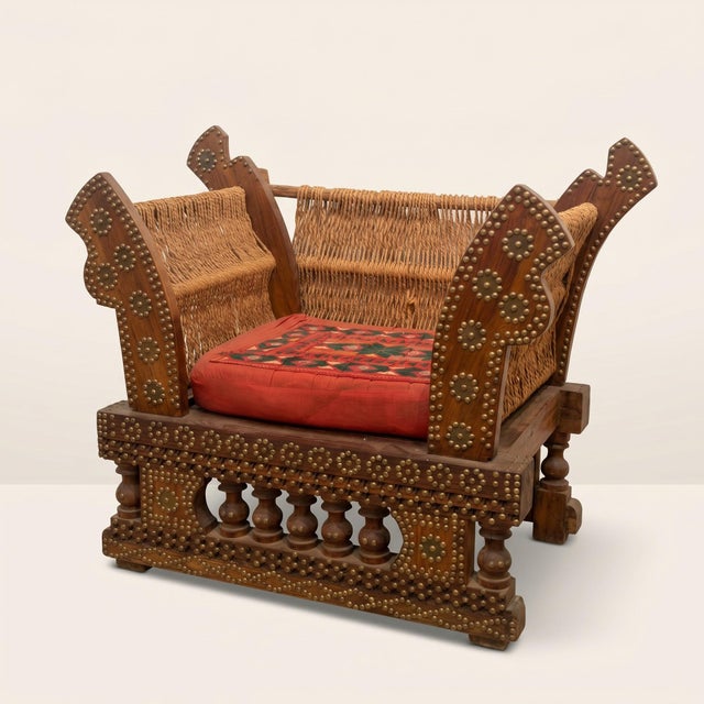 Indian Antique Indian Brass-Studded Rope Pidha Chairs - a Pair For Sale - Image 3 of 6