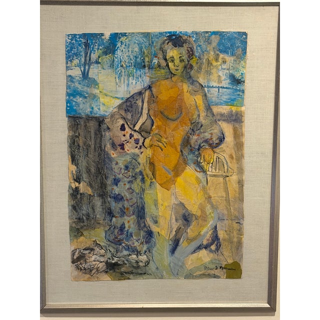 A signed 1970s figurative work on paper by American artist Alice S. Manning, combining watercolor, gouache, and layered...