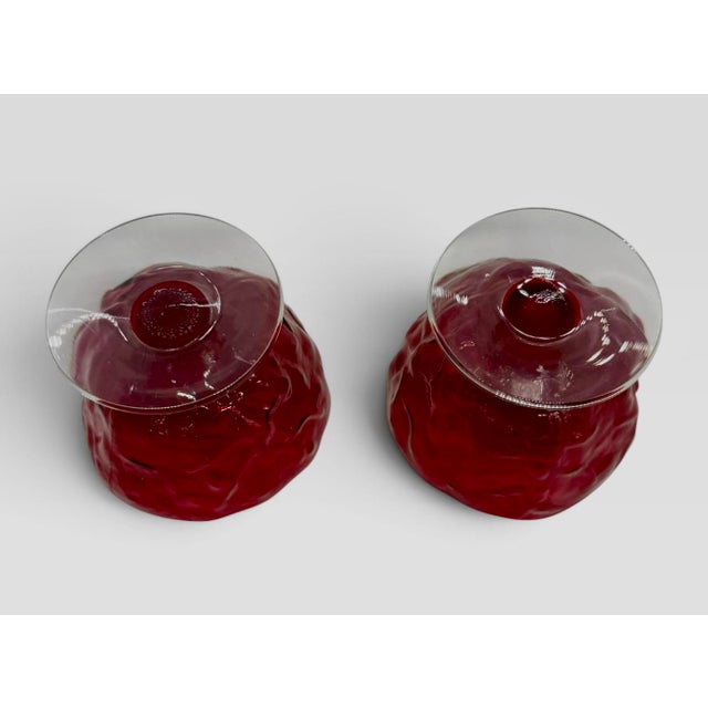 Vintage Seneca Glass Driftwood Casual Pattern 3” Ruby Red Champagne Coupes Tall Footed Sherbets - A Pair For Sale - Image 4 of 12