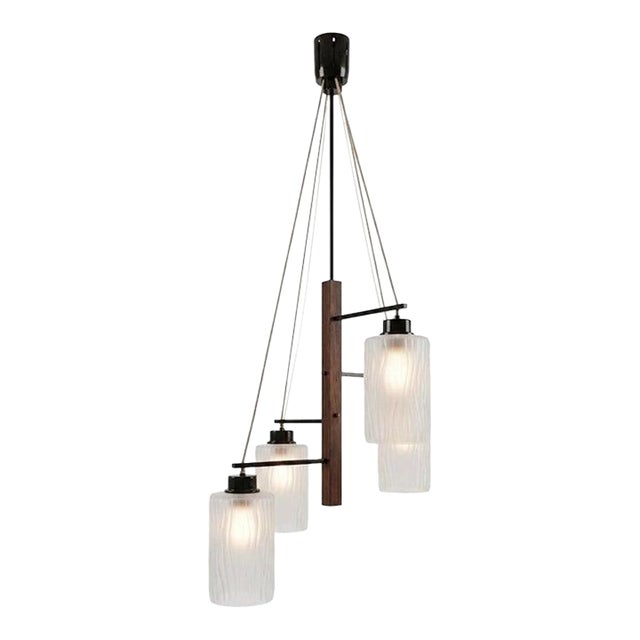 1970s Mid-Century Modern Stilnovo Chandelier With Frosted Textured Glass and Teak Accents For Sale