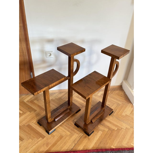 Set of 2 Art Deco plant stands, Europe 1930s. Spruce veneered in walnut root, enonized solid beech legs, curved body, 2...