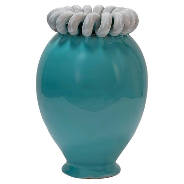 Mid-Century Belgian Turquoise Glazed Ceramic Urn Vase, 1950s For Sale - Image 11 of 11