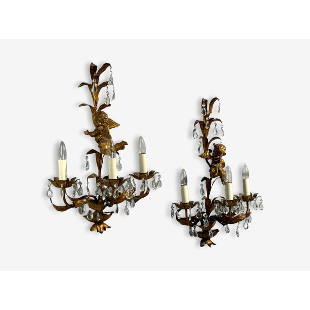 1950sFrench Marie Therese Style, Cherub Wall Sconces, Gilt-Brass, Crystal - a Pair For Sale In New York - Image 6 of 12