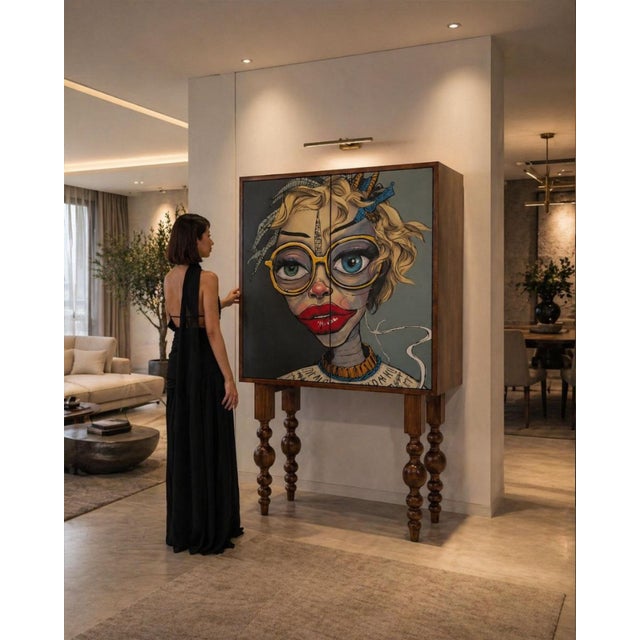 Hand-painted bar cabinet from the Slate & Shale Collection by functional artist Mina of penHUN Gallery Located in San...