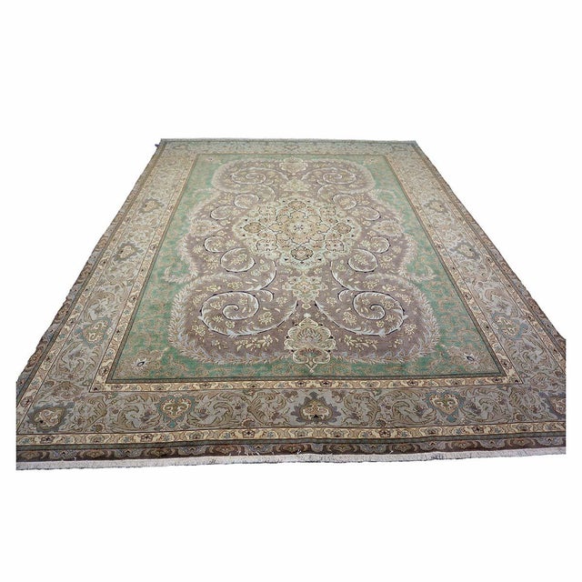 Antique Persian Tabriz Wool 9X12 Green, Brown, & Taupe Handmade Area Rug #1143872 For Sale - Image 4 of 8