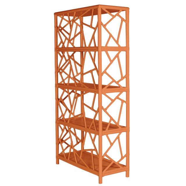 In a whimsical geometric pattern, this étagère features a rattan frame, rawhide bindings and four wood shelves. The...