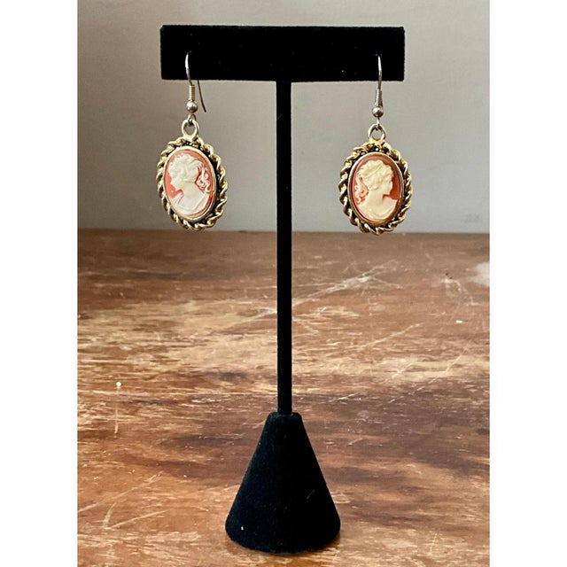 Late 20th Century Vintage Carved Cameo Drop Earrings For Sale - Image 5 of 12