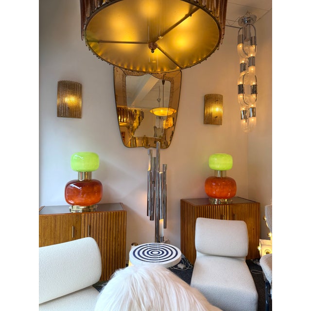 Metal Contemporary Pair of Brass and Green Murano Glass Bulb Shade Lamps, Italy For Sale - Image 7 of 13