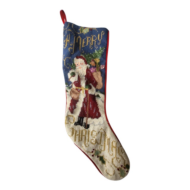 Vintage Wool Needlepoint Christmas Stocking Santa For Sale