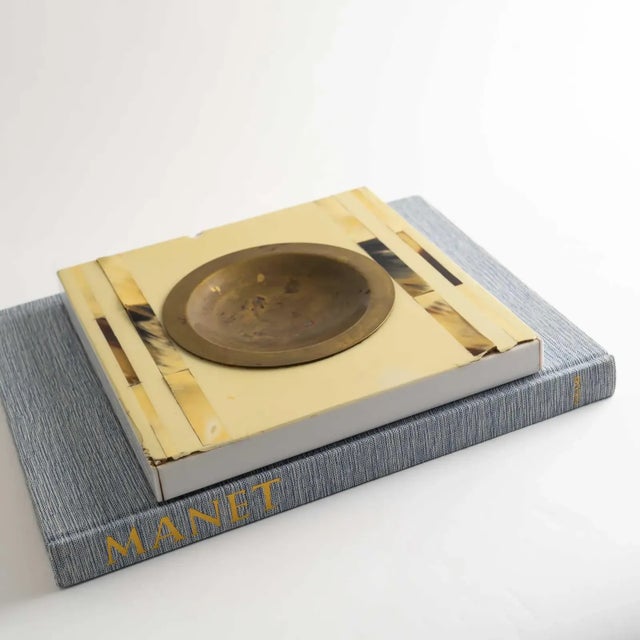 Ivory Vintage Horn Inlay Square Ashtray Catchall With Brass Center For Sale - Image 8 of 11
