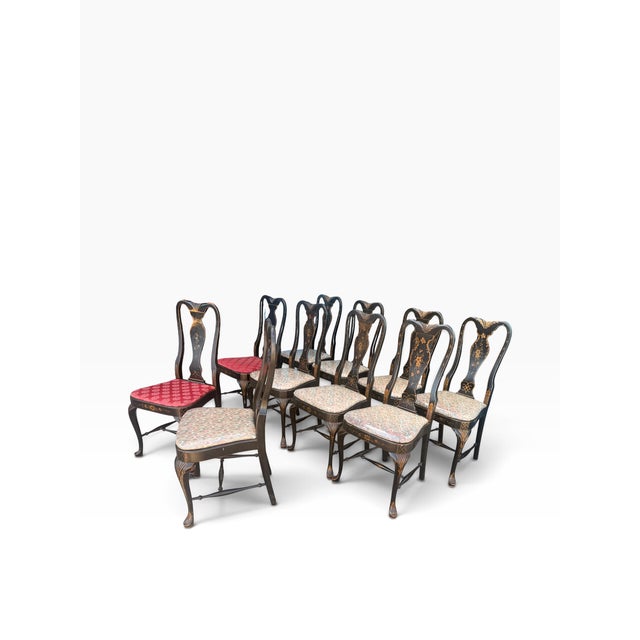Chinoiserie Mid-20th Century Grand Ledge Chinoiserie Black Lacquer Dining Chairs, Set of 10 For Sale - Image 3 of 17