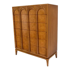 Mid-Century Modern Blond Light Burl Wood 6 Drawer High Chest Dresser