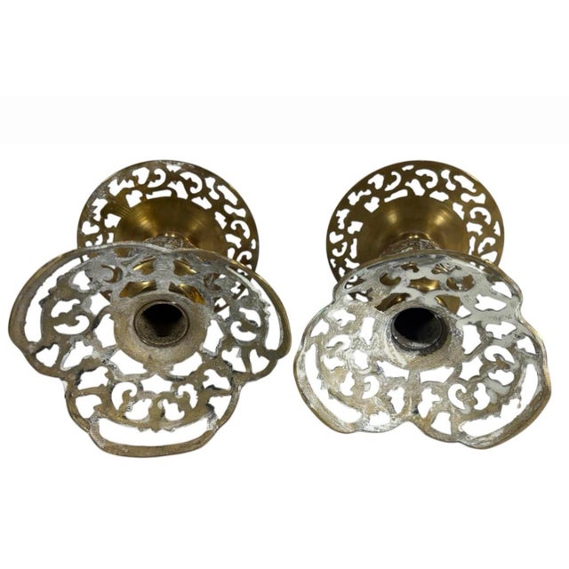 Asian Pair of Vintage Asian Ornate Brass Candle Holders For Sale - Image 3 of 6
