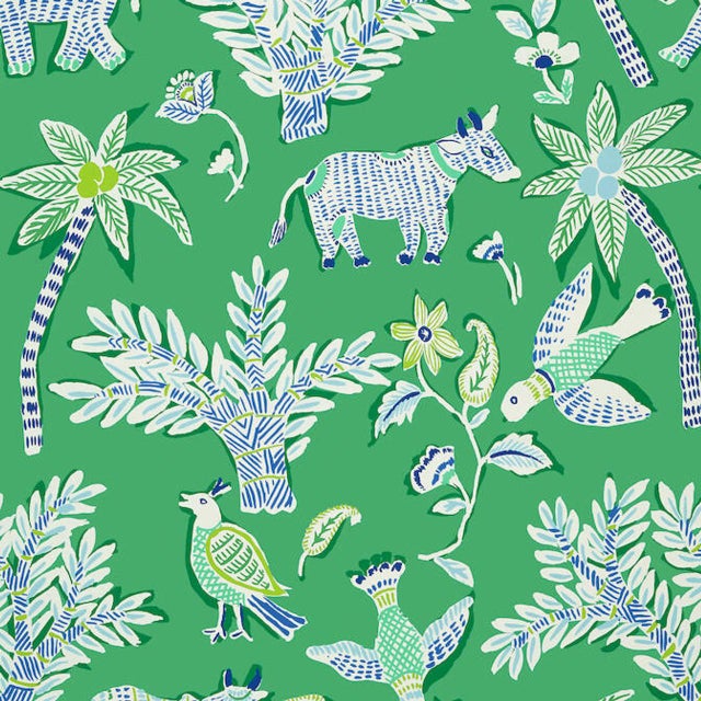Thibaut Goa Green Wallpaper - Set of 2 Double Rolls For Sale