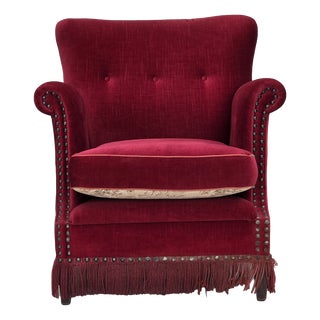 Danish Armchair in Red Velour and Ash, 1970s For Sale