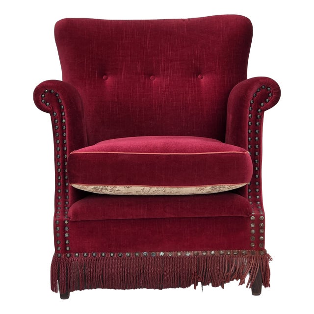 Danish Armchair in Red Velour and Ash, 1970s For Sale