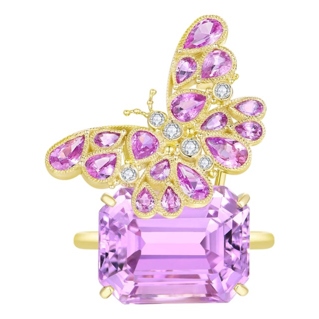 Nina Zhou One-of-a-Kind 17.9ct Pink Sapphire Diamond Butterfly on Kunzite Ring in 14k Yellow Gold, Size 7 For Sale