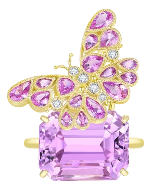 Nina Zhou One-of-a-Kind 17.9ct Pink Sapphire Diamond Butterfly on Kunzite Ring in 14k Yellow Gold, Size 7