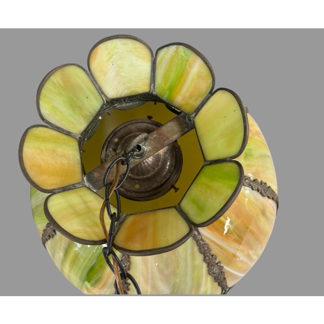 Vintage Green Lotus Slag Glass Hanging Lamp Light Fixture In very nice original condition showing some typical age-...