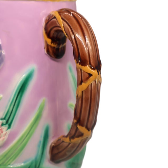 Pink George Jones Majolica Iris & Water Lily Pitcher, English, Ca. 1875 For Sale - Image 8 of 12