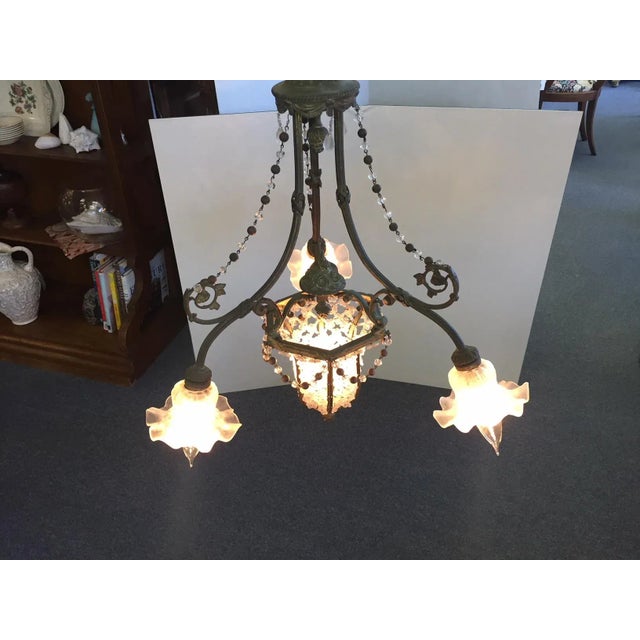 Early 1900's Gothic Style Glass and Bronze Flower Chandelier For Sale - Image 9 of 11
