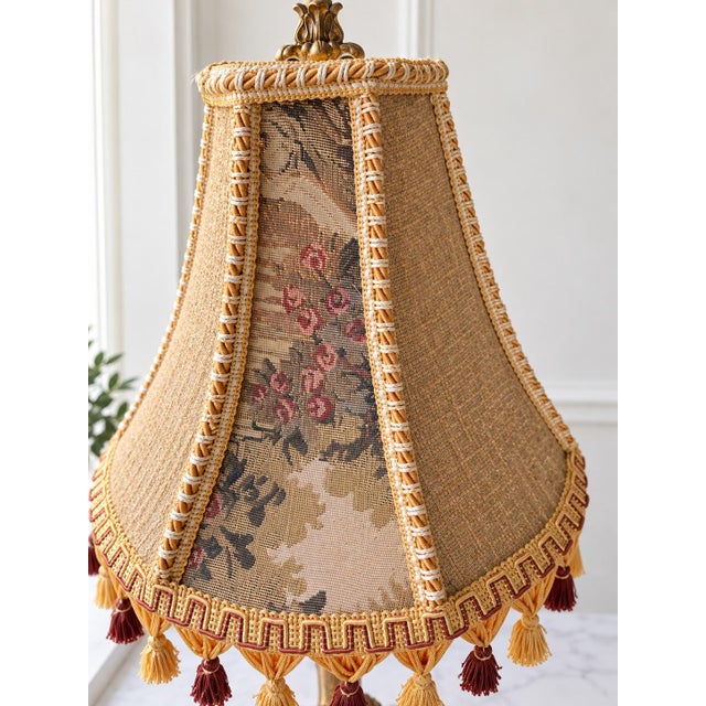 French Antique Ornate Table Lamp With Embroidered Tassel Shade, Carved Decorative Base & Ribbed Glass Accent, Traditional French Style For Sale - Image 3 of 12