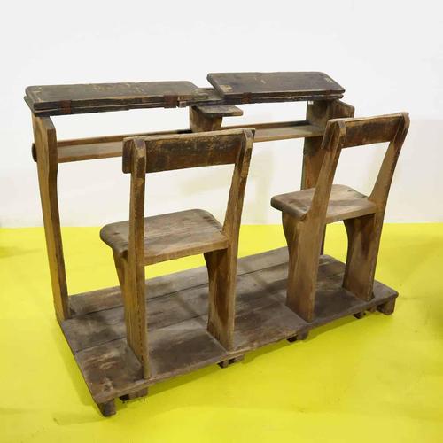 Brown Double Wooden School Desk with Integrated Seats For Sale - Image 8 of 11