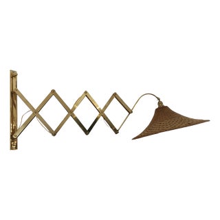 Brass Scissor-Shaped Wall Lamp with Straw Shade, Italy, 1960s For Sale