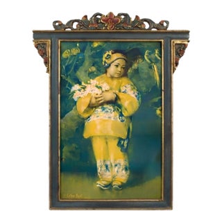 Vintage Traditional Asian Child Portrait Art Print - Ornate Wood Frame Decor For Sale