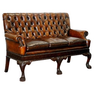 Victorian Georgian Irish Brown Leather Chesterfield Sofa with Lion Hairy Paw Feet For Sale