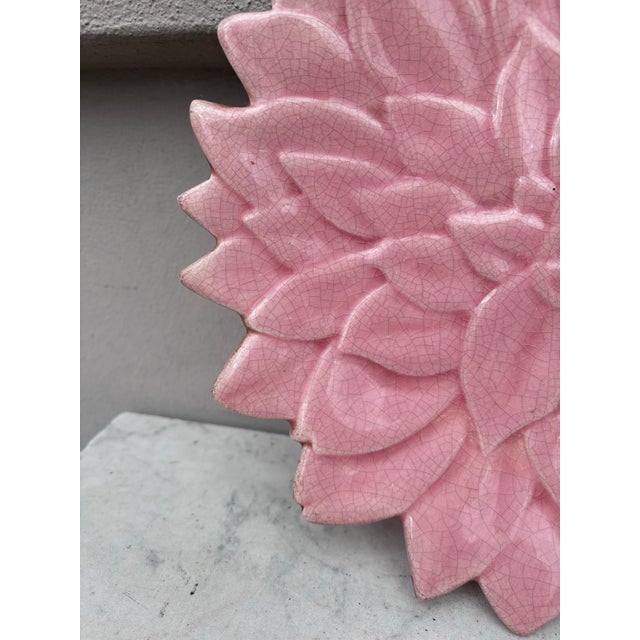 Mid-Century Modern Large French Mid-Century Majolica Pink Flower Platter For Sale - Image 3 of 5