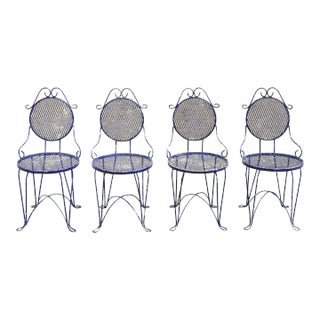 Victorian Style Blue Wrought Iron Small Garden Bistro Dining Chairs - Set of 4 For Sale