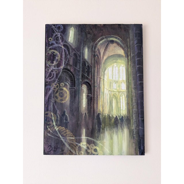 This artwork depicts the ethereal interior of Mont Saint Michel Abbey, where light pours through tall windows,...