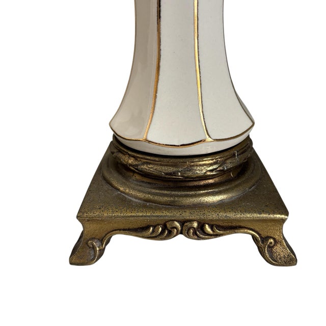 Mid 20th Century Vintage Cream Brass Gold Hollywood Regency Gilded Porcelain Boudoir Table Lamps - a Pair For Sale - Image 5 of 6