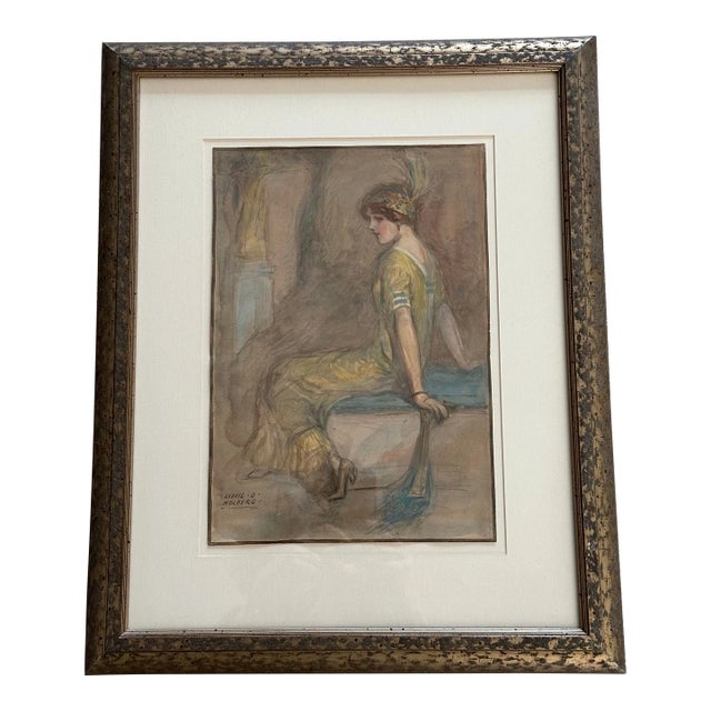 Ludwig O.Holberg Art Deco Lady Watercolor For Sale