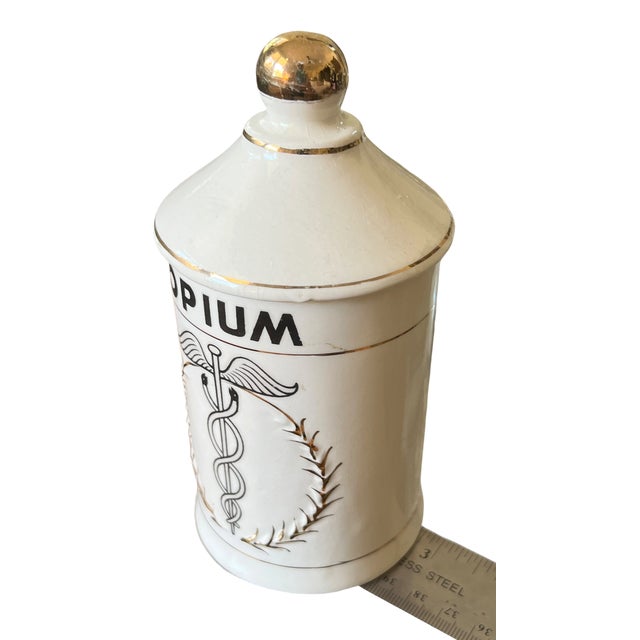 Off-white Mid-Century Handpainted Porcelain “Opium” Apothecary Canister in the Style of Piero Fornasetti Made in Japan For Sale - Image 8 of 10