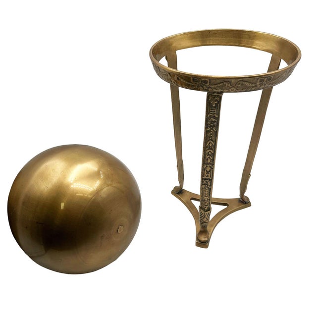 1950s Art Nouveau Style Brass Orb With Embossed Pedistal Desktop Sculpture For Sale - Image 4 of 9
