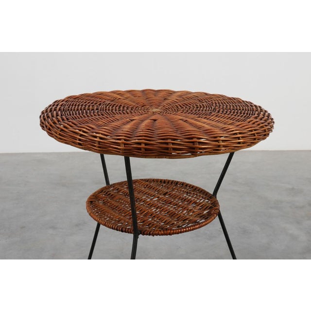 Mid-Century Modern Mid-Century Woven Rattan, Wicker and Iron Two-Tier Round Coffee Table, Italy, 1960s For Sale - Image 3 of 13